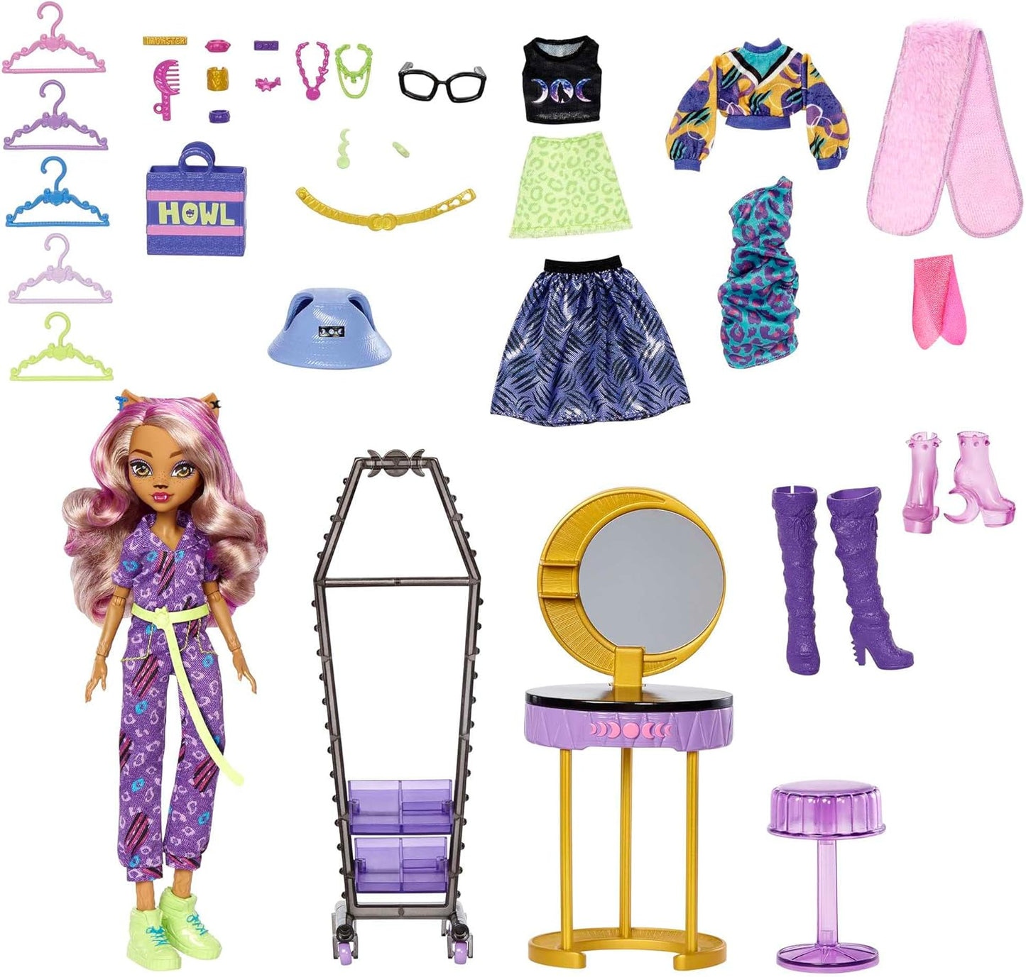 Monster High Boneca e conjunto de moda, boneca Clawdeen Wolf e acessórios, estúdio de vestir boutique com mais de 20 peças, HKY70