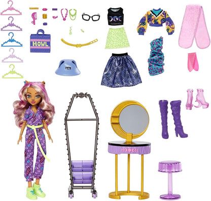 Monster High Boneca e conjunto de moda, boneca Clawdeen Wolf e acessórios, estúdio de vestir boutique com mais de 20 peças, HKY70