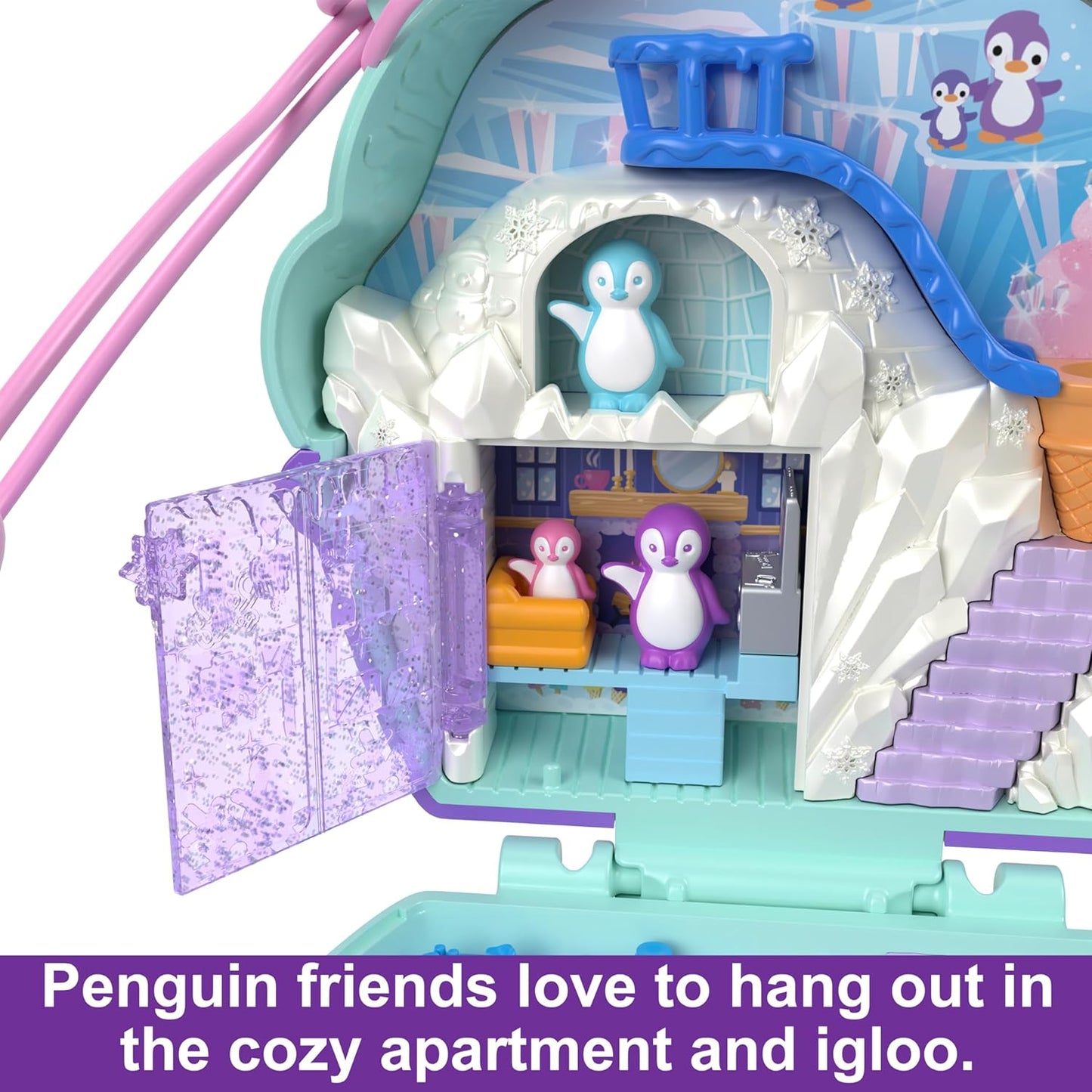 Polly Pocket Dolls e Playset, brinquedo de viagem com exterior Fidget, Snow Sweet Penguin Compact com 12 acessórios, HRD82