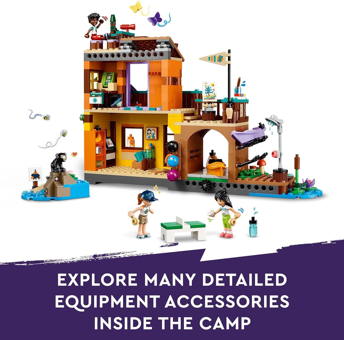 LEGO Brinquedo de construção de esportes aquáticos Friends Adventure Camp para crianças, ideia de presente de dramatização para meninas e meninos de 7 anos ou mais, com 3 personagens de miniboneca e uma figura de urso, conjunto educacional 42626