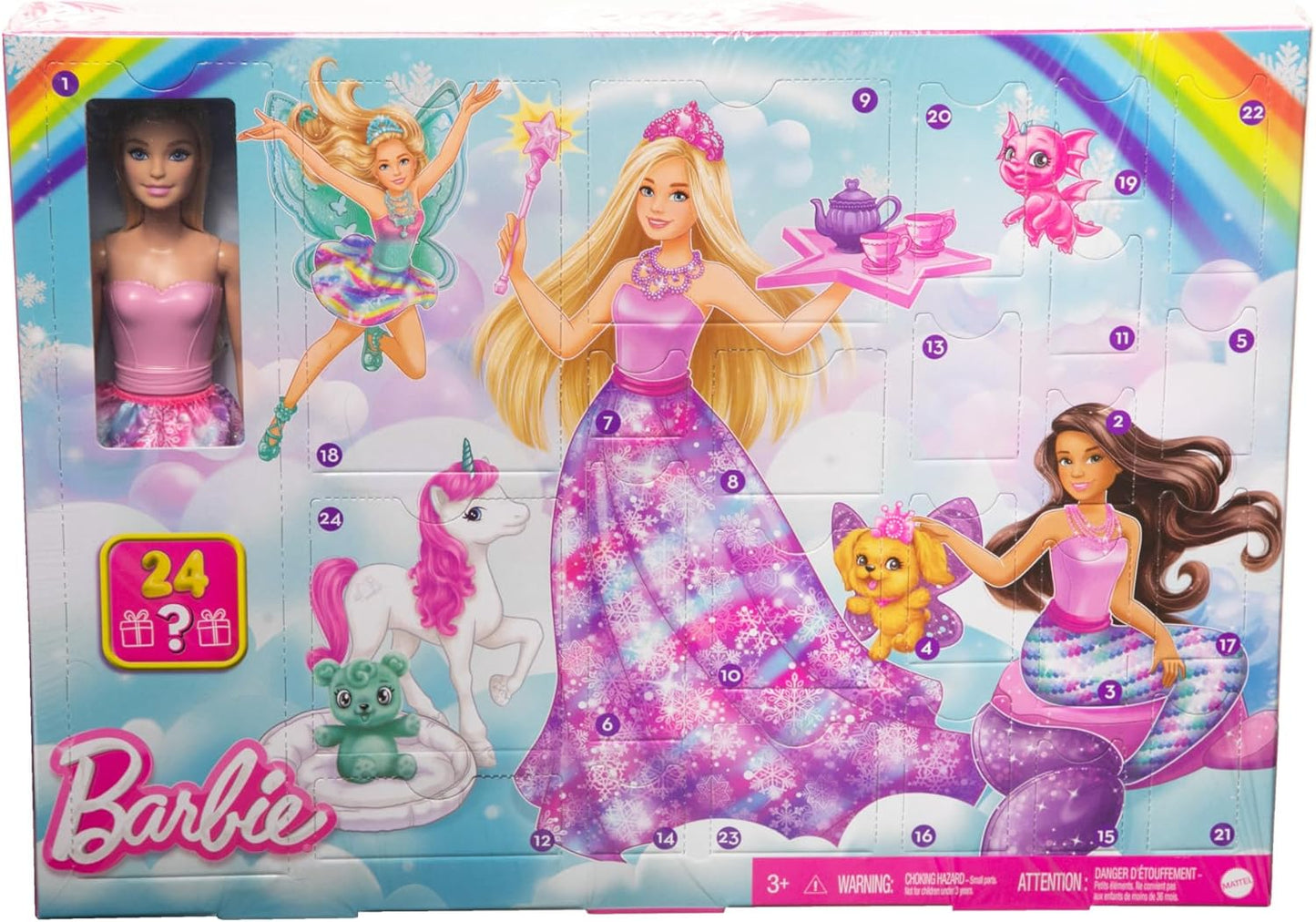 Barbie Boneca Dreamtopia e calendário do advento com 24 surpresas como acessórios de contos de fadas, roupas de sereia e fada e animais de estimação unicórnio e dragão, HVK26