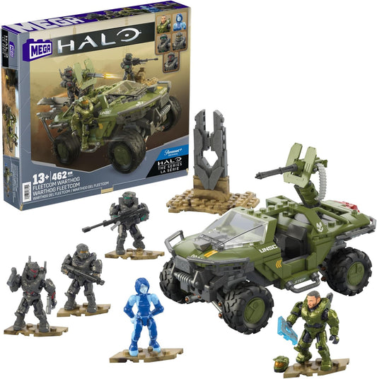 MEGA Conjunto de brinquedos de construção de veículos Halo The Series, FLEETCOM Warthog ATV com 469 peças, 5 micro figuras de ação, articulação articulável, crianças e fãs