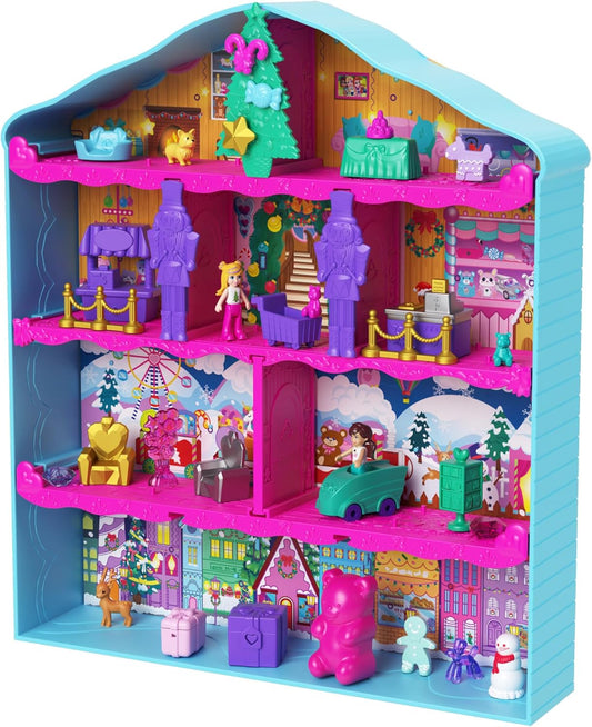 Polly Pocket Calendário do Advento das Bonecas, Playset Gingerbread House com 24 Surpresas, Móveis para Casa de Bonecas, Carro de Brinquedo e Acessórios de Férias, HWP33