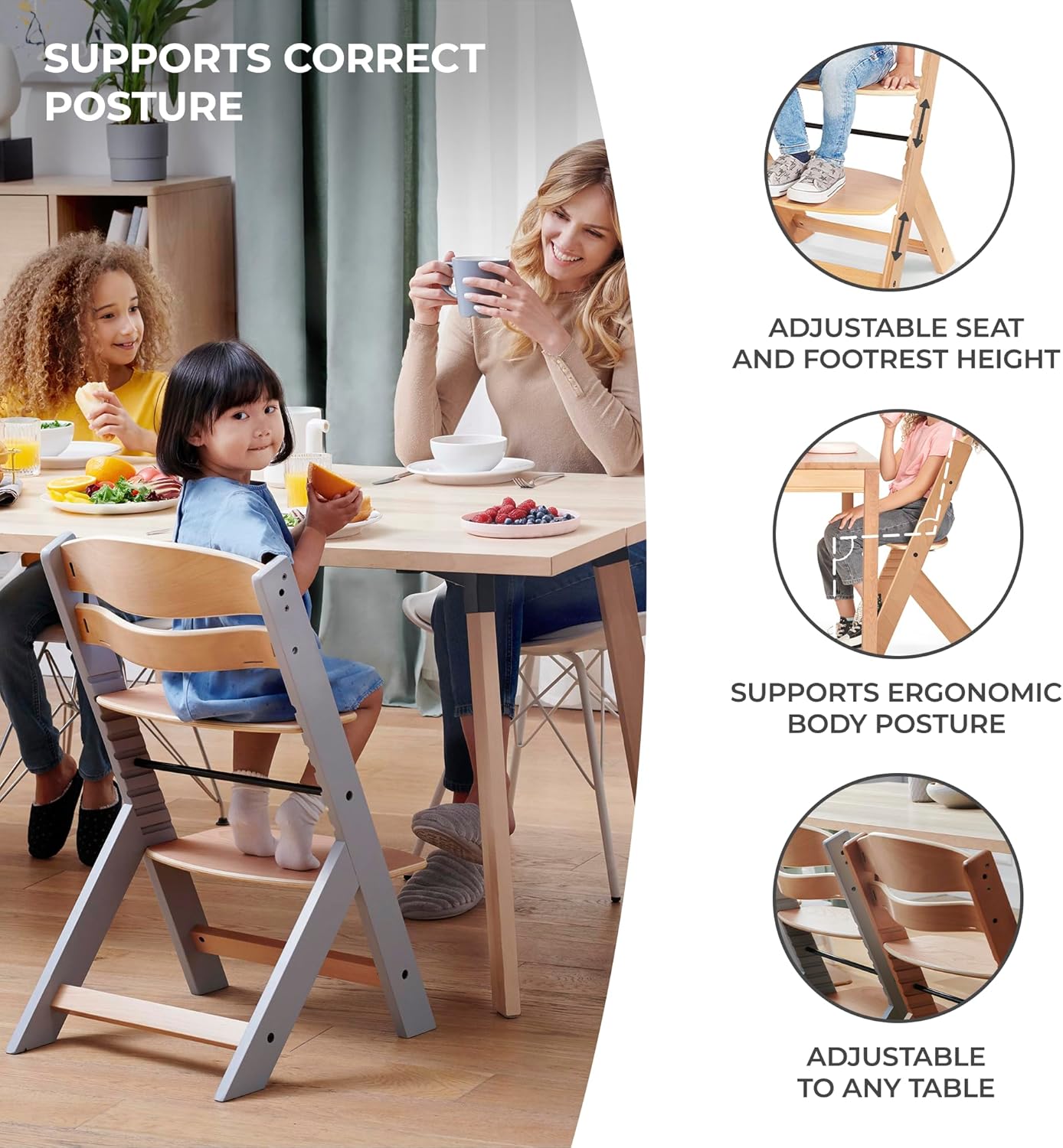 Kinderkraft NECK Trona de Madera 3 en 1, Silla Bebé Multifuncional, Altura Regulable y Reposapiés, Cinturón de Seguridad, con Bandeja Extraíble, para Niños hasta 10 Años, Madera Blanca