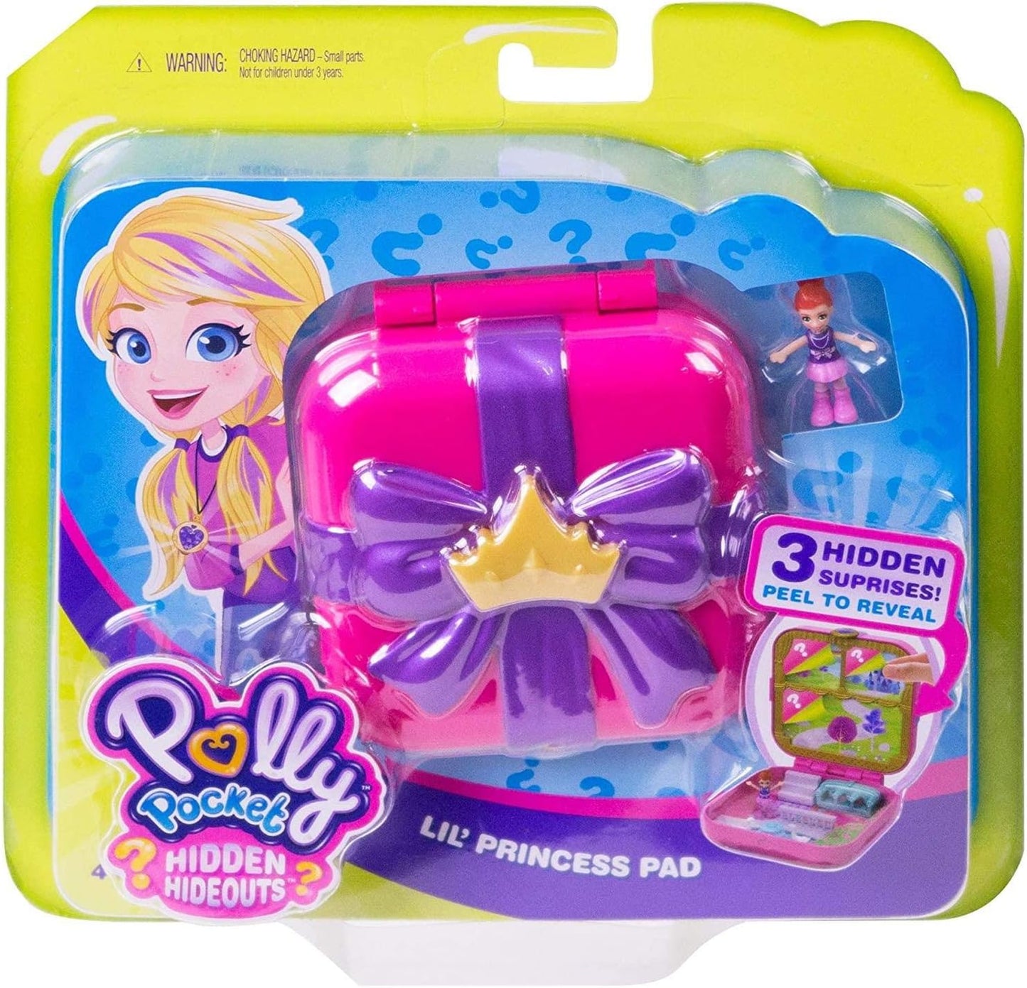 Polly Pocket Hidden Hideouts Lil' Princess Pad com três revelações, três acessórios, uma boneca Micro Lila e folha de adesivos