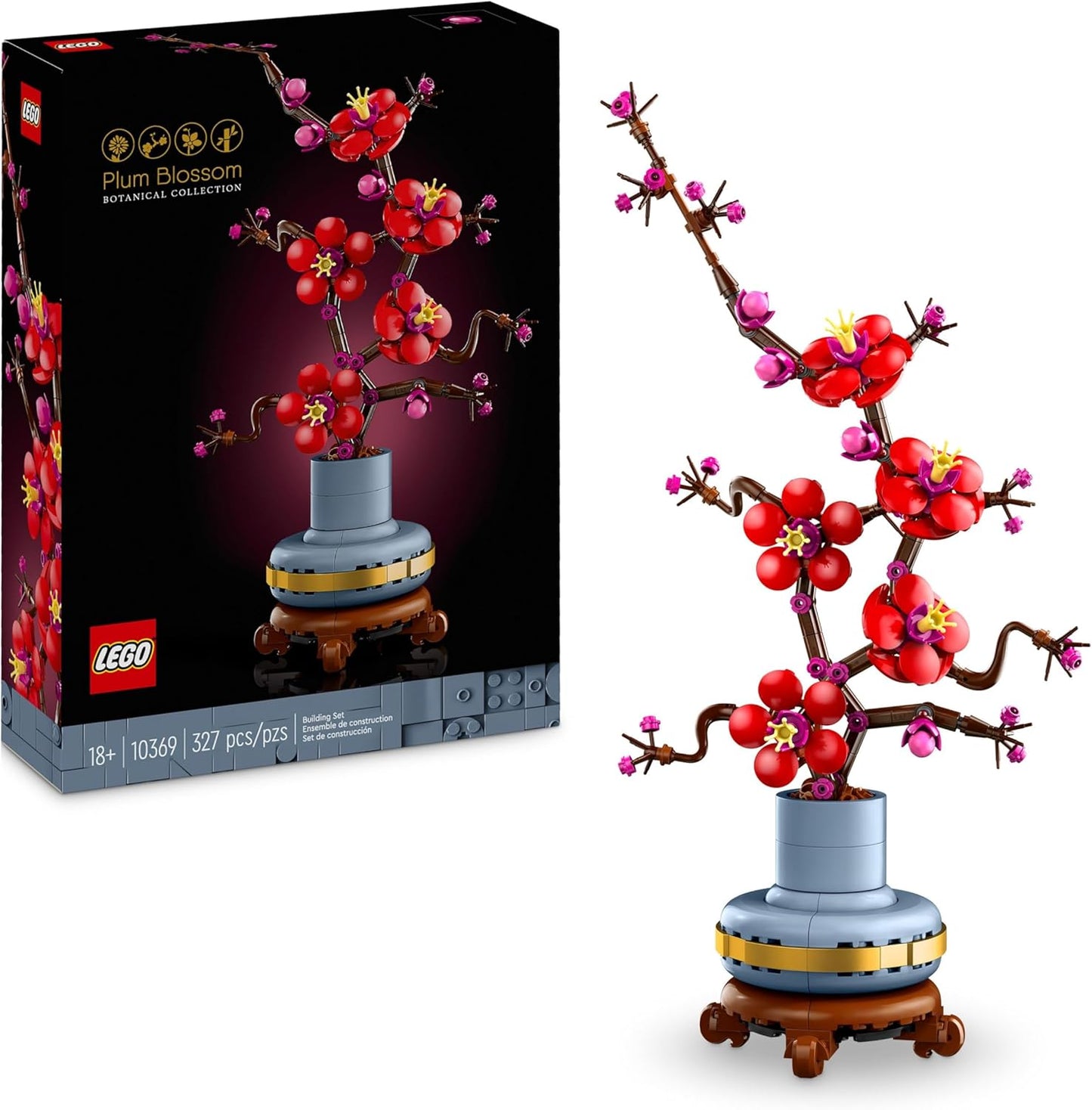 LEGO Conjunto de construção de flores em flor de ameixa LEGO Icons, kit de modelo de planta falsa para adultos construir, peça de exibição de decoração de escritório doméstico, presente de coleção botânica para mulheres, homens,