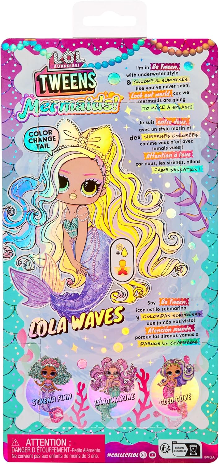 LOL. Surpresa! Tweens - Mermaid Lola Waves - Boneca fashion com cauda que muda de cor, barbatana móvel e lindos acessórios - brinquedos para crianças e colecionadores a partir de 4 anos