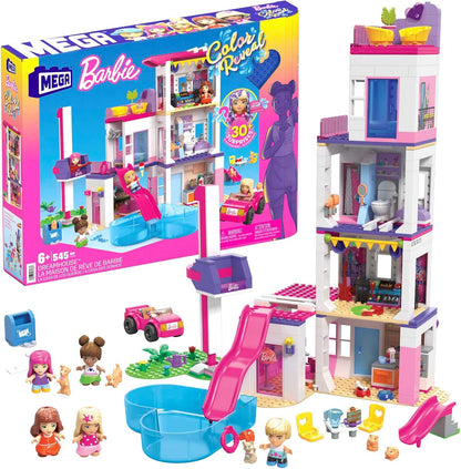 MEGA Conjunto de construção Barbie Color Reveal DreamHouse com mais de 25 surpresas, 5 microbonecas e 6 animais, conjunto de brinquedos para presente para maiores de 5 anos, HHM01