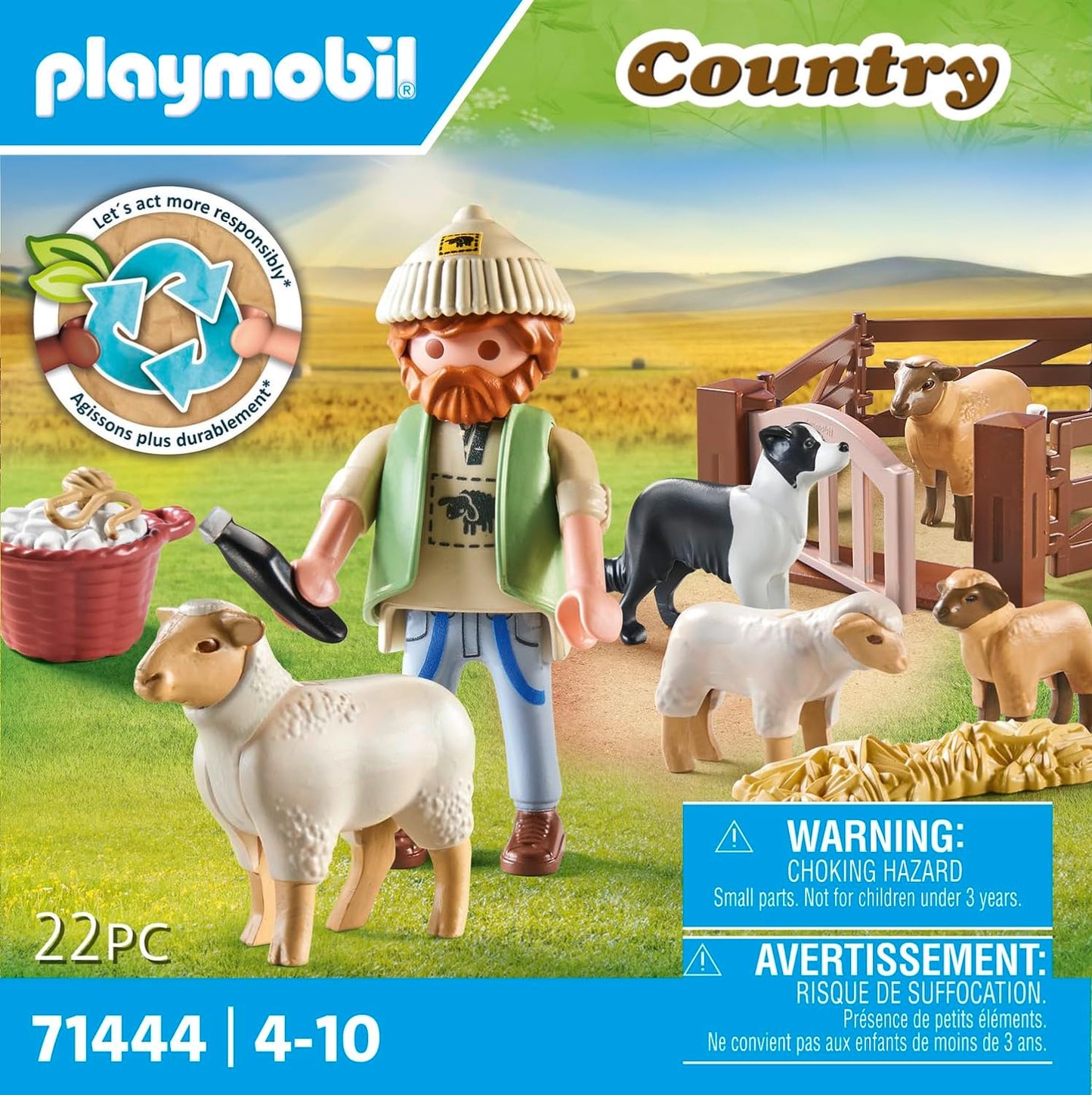 Playmobil 71444 País: Jovem pastor com rebanho de ovelhas, com border collie, aparador de cabelo e tira de palha, dramatização divertida e imaginativa, conjuntos de jogos sustentáveis adequados para crianças a partir de 4 anos