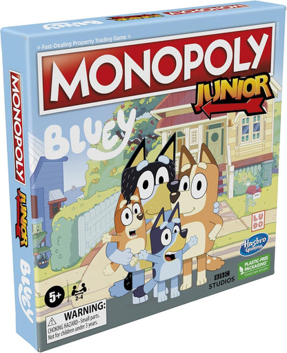 Monopoly Hasbro Gaming Monopoly Junior: Jogo de tabuleiro Bluey Edition para crianças de 5 anos ou mais, jogue como Bluey, Bingo, mamãe e papai, apresenta arte da série animada (exclusivo da Amazon)