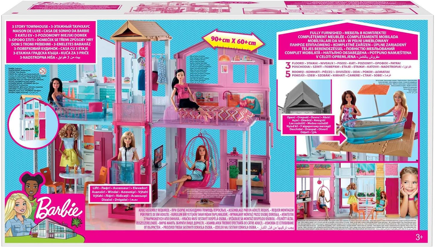 Barbie Casa de bonecas de 3 andares com elevador, cadeira de balanço, móveis e acessórios, dobrável para portabilidade e viagem, DLY32