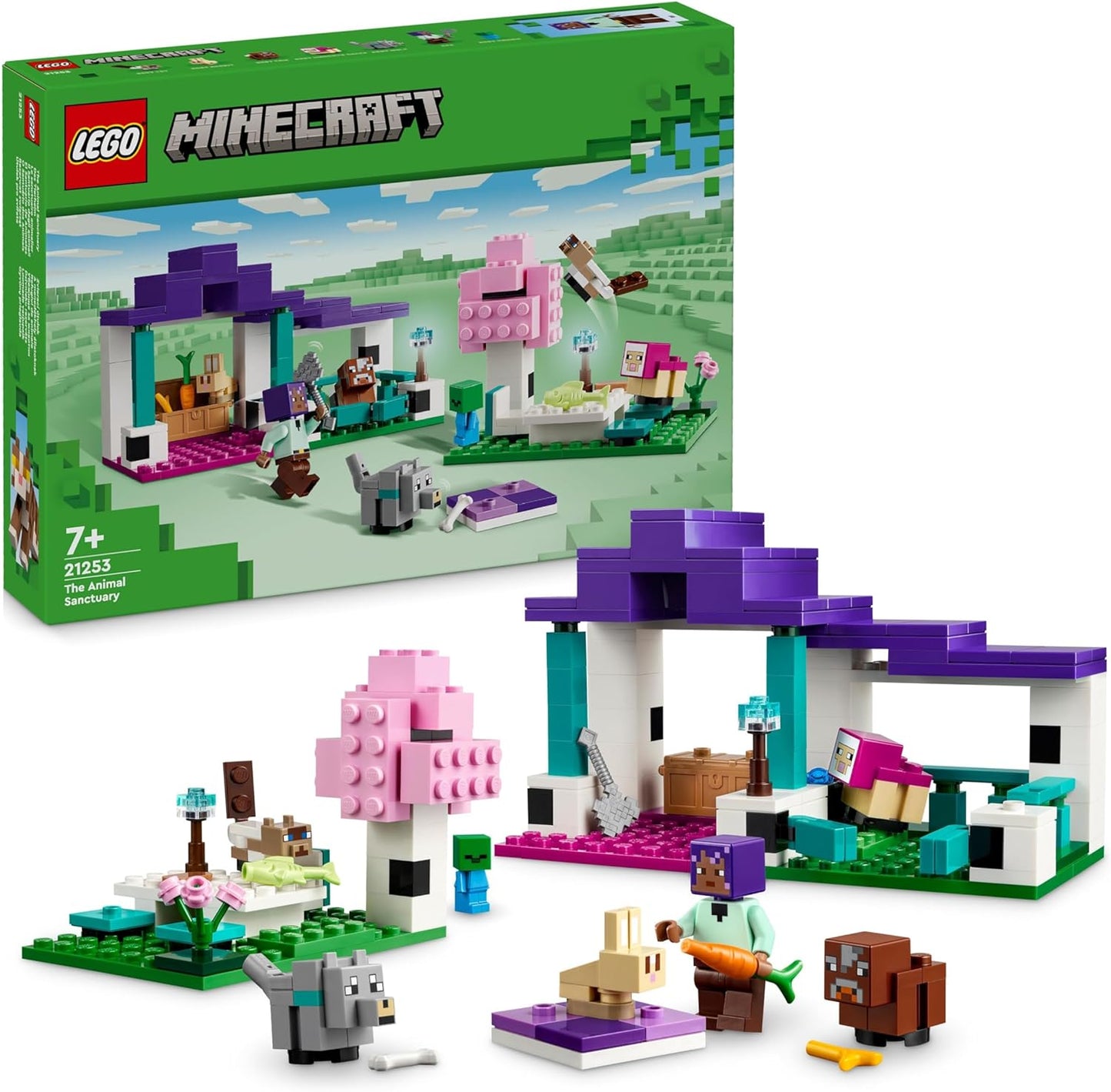 LEGO Minecraft The Animal Sanctuary, brinquedos de construção para meninas e meninos de 7 anos ou mais com figuras de personagens, além de bebê zumbi, vaca, lobo, coelho, ovelha magenta e gato, presente para jogadores e crianças 21253