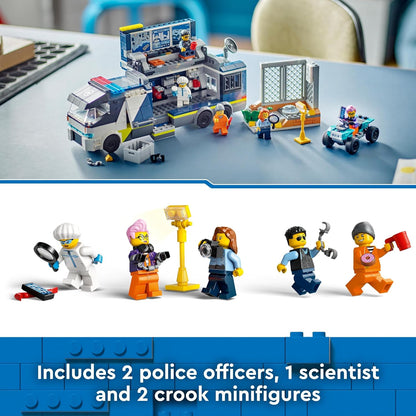 LEGO Brinquedo de caminhão de laboratório criminal móvel da polícia da cidade para meninos, meninas e crianças de 7 anos ou mais, conjunto de veículos com quadriciclo, 2 oficiais, 1 cientista e 2 minifiguras de bandido para brincadeiras