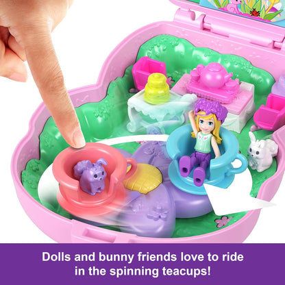 Polly Pocket Dolls e Playset, Tea Party Bunny Compact, brinquedo de viagem com 1 micro boneca, coelhinhos de estimação, acessórios de estilo de comida e moda, JCR40