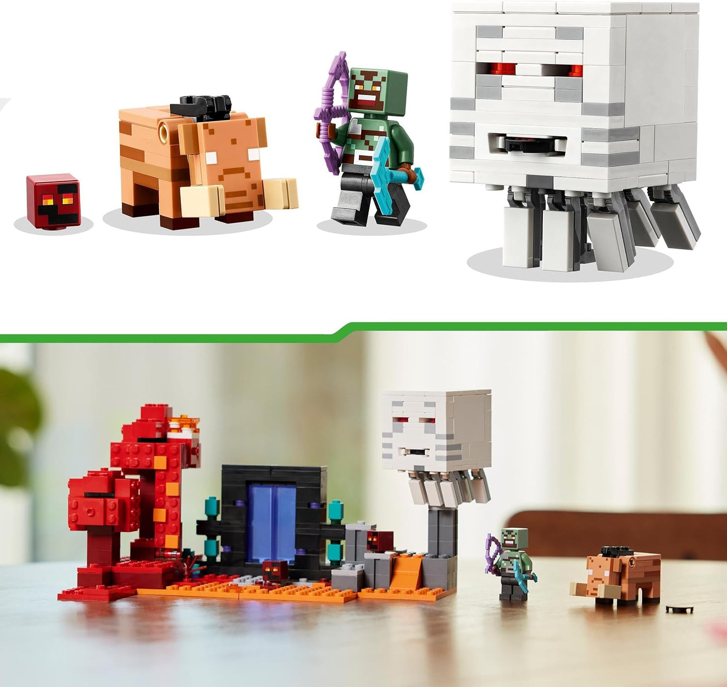 LEGO Conjunto de aventura Minecraft The Nether Portal Ambush, brinquedos de construção para meninos e meninas com cenas de batalha, personagens icônicos e figuras de mobs do jogo, presentes para crianças com mais de 8 anos 21255