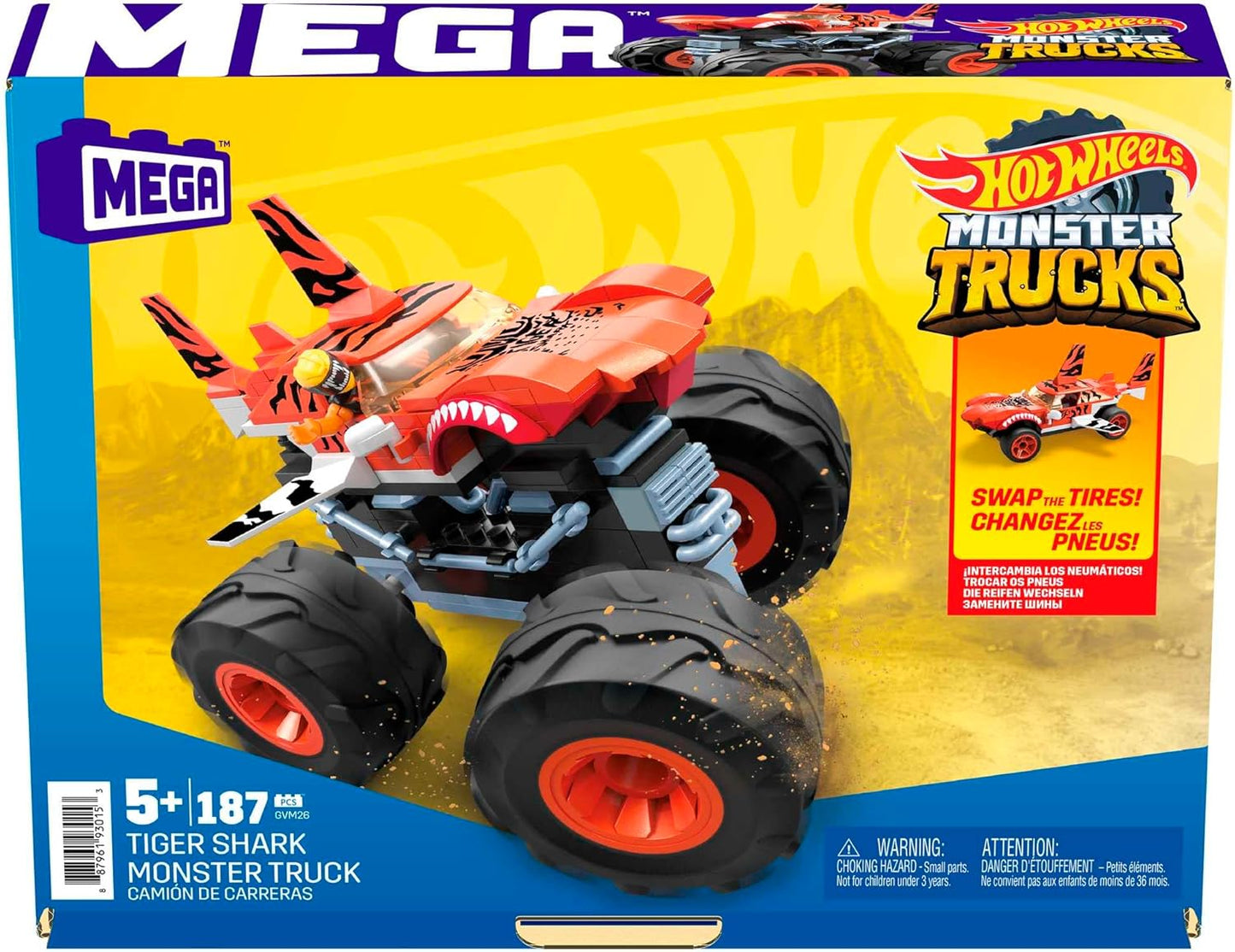 MEGA Brinquedos de construção de caminhão monstro Hot Wheels, tubarão tigre com 1 driver de micro figura de ação, rodas gigantes e pintura listrada de tigre, GVM26