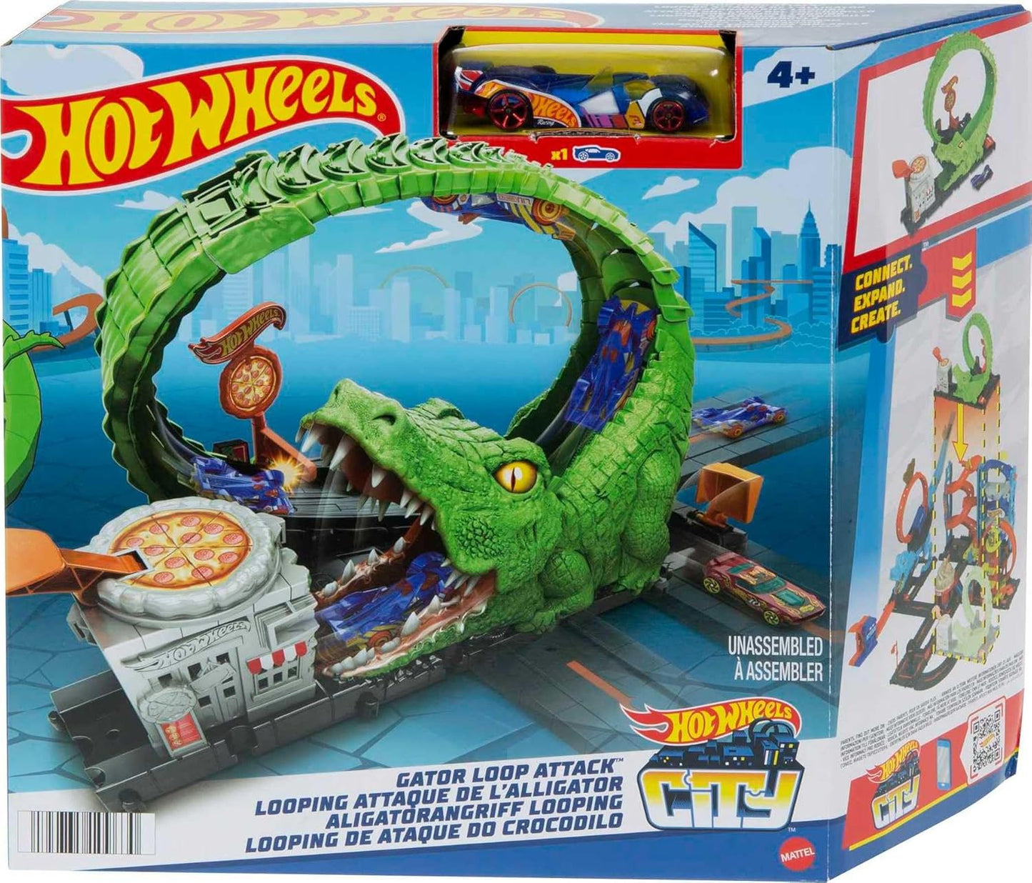 Hot Wheels Conjunto de pistas com 1 carro Hot Wheels, pista ajustável que se conecta a outros conjuntos, conjunto de jogos Gator Loop Pizza Place, HKX39