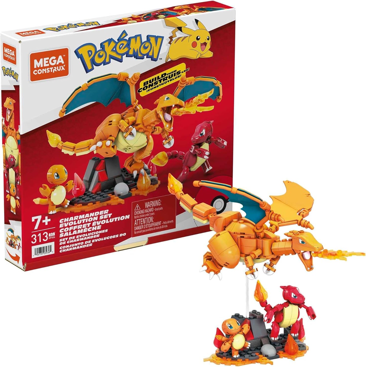 MEGA Brinquedos de construção de bonecos de ação Pokémon para crianças, conjunto Charmander Evolution com 300 peças, 3 personagens articulados, Charmeleon e Charizard, HFG06