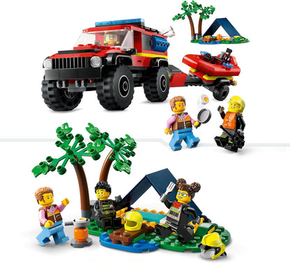 LEGO Carro de bombeiros City 4x4 com brinquedos de construção de barco de resgate para meninos e meninas de mais de 5 anos, conjunto de brincadeiras imaginativas inclui um bote, trailer, barraca, trailer