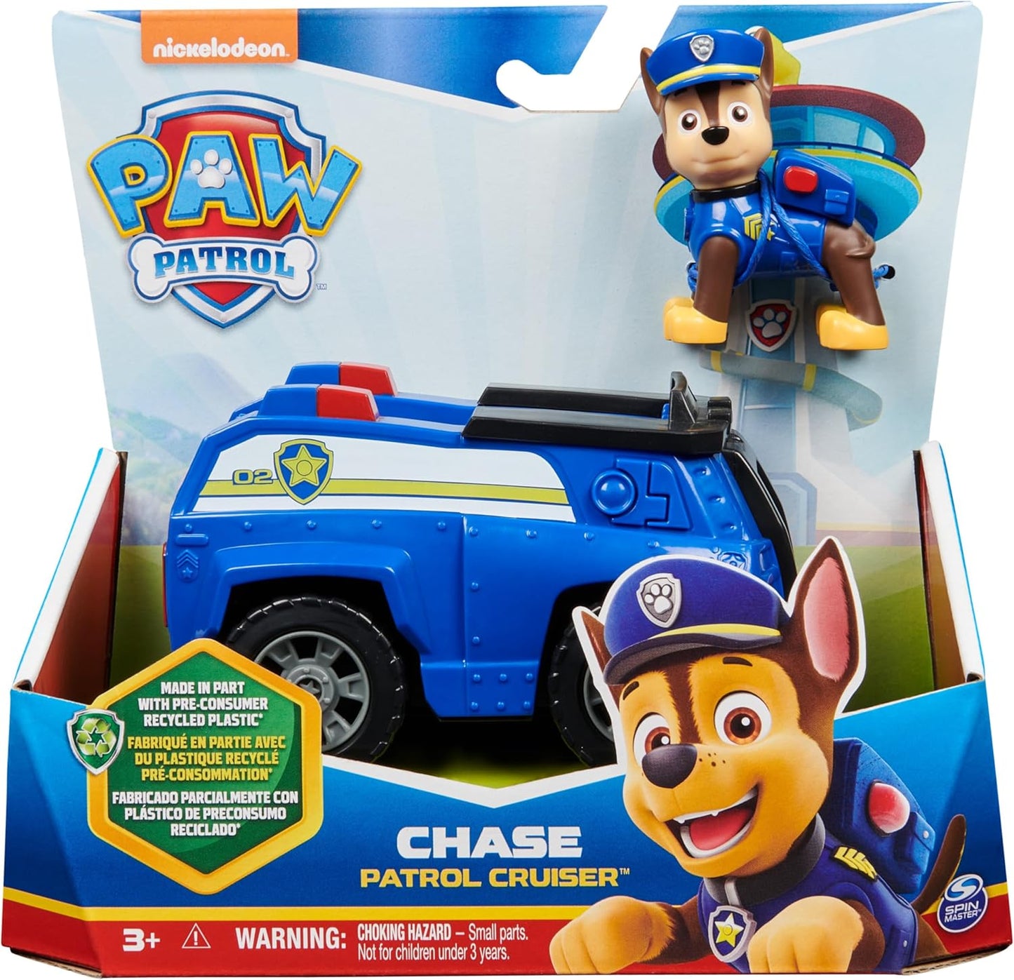 Paw Patrol, Chase's Patrol Cruiser, coche de juguete con figura de acción coleccionable, juguetes sostenibles para niños y niñas de 3 años en adelante