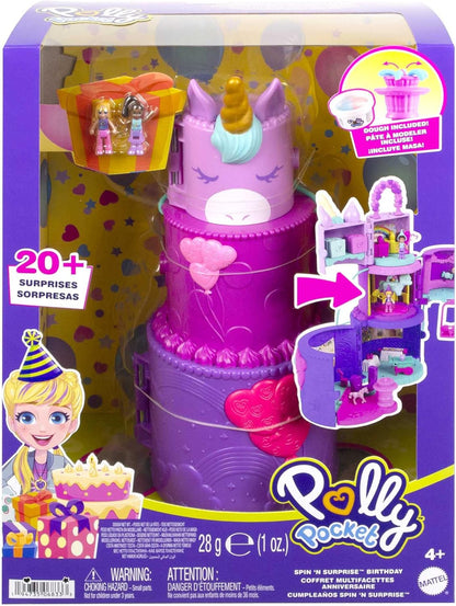 Polly Pocket Aniversário Spin 'n Surprise, tema Unicórnio, 3 andares, 25 acessórios (inclui 2 micro bonecas), ótimo presente para maiores de 4 anos, HHJ11