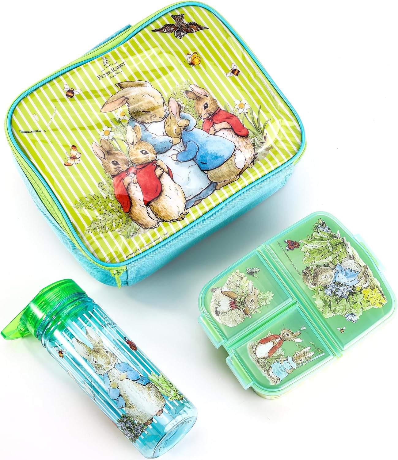 Zawadi Global Conjunto de lancheira infantil Peter Rabbit Kids - lancheira isolada, lancheira com vários compartimentos e garrafa de água de 580 ml - conjunto de comida para almoço de viagem escolar, sem BPA