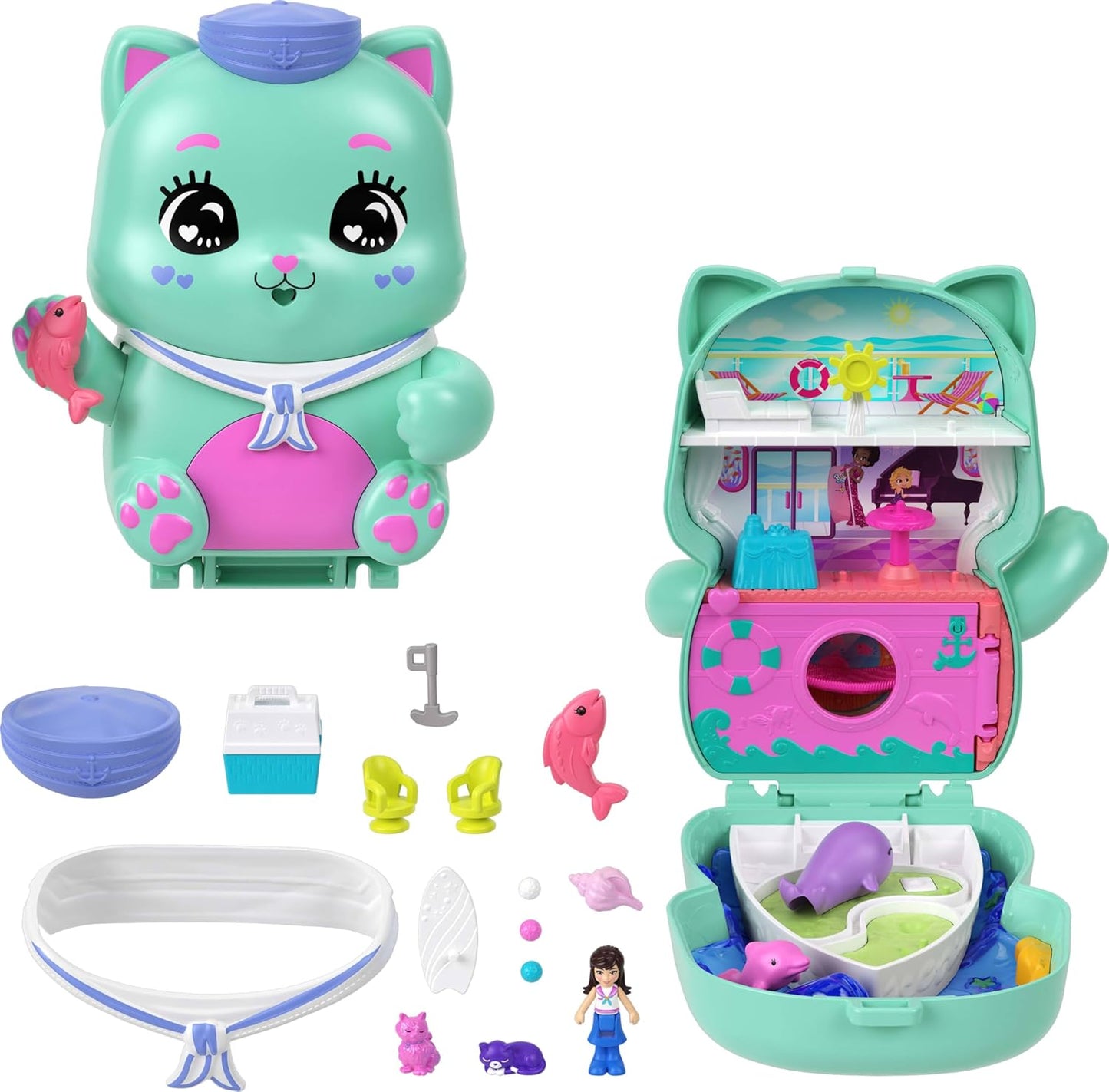 Polly Pocket Dolls e Playset, Set Sail Kitty Compact, brinquedo de viagem com 1 micro boneca, gatos de estimação, acessórios de estilo de comida e moda, JCR37