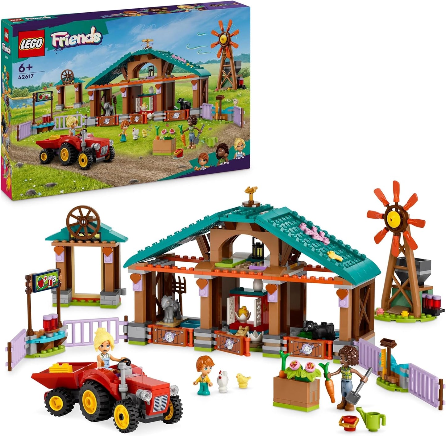 LEGO Friends Farm Animal Sanctuary, conjunto de brinquedos com trator para meninas, meninos e crianças com mais de 6 anos, conjunto de dramatização inclui 3 figuras de personagens, 5 animais e acessórios de comida 42617