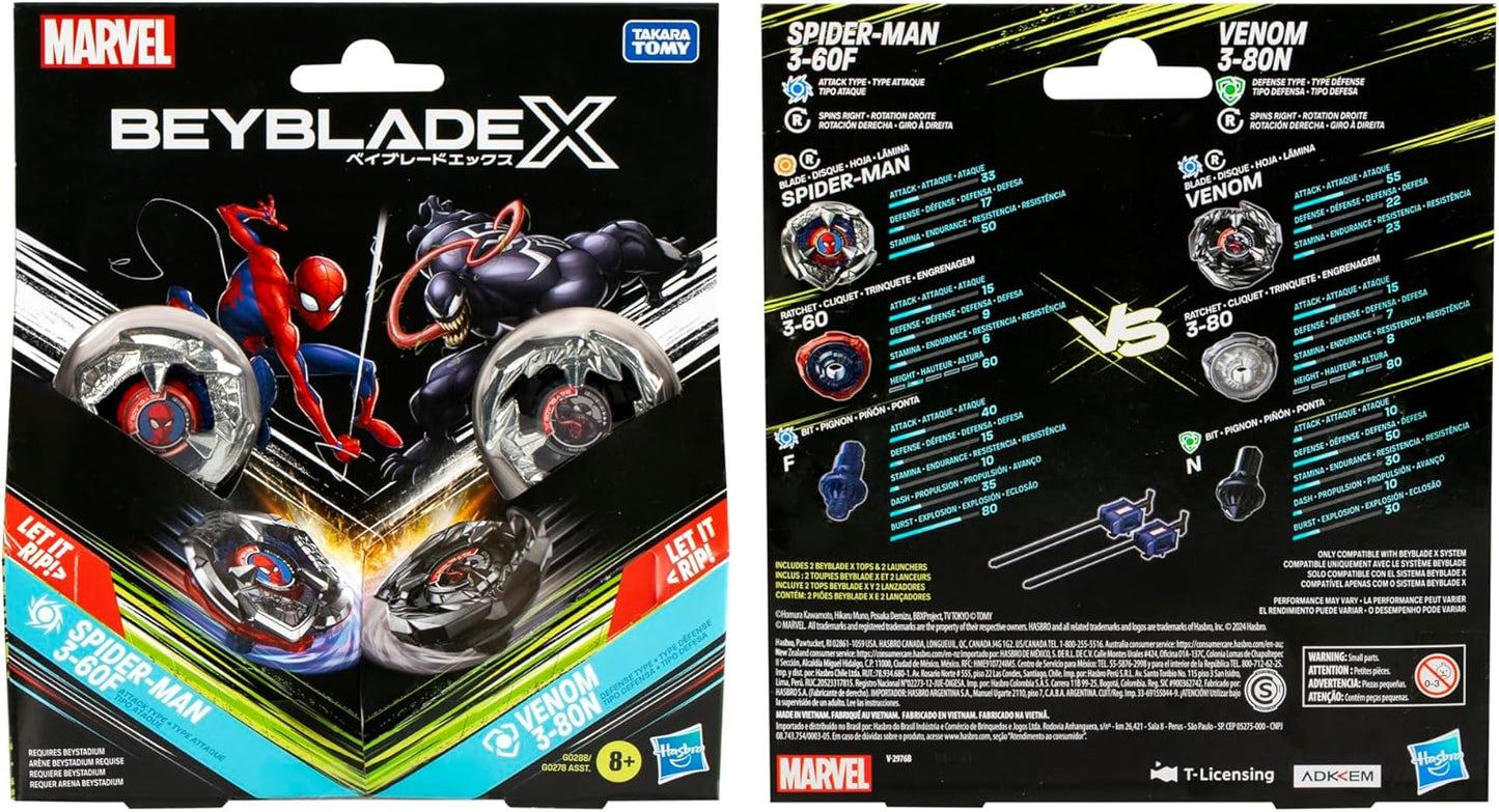 Beyblade X Marvel Collab Spider-Man 3-60F vs. Venom 3-80N Conjunto Multipack