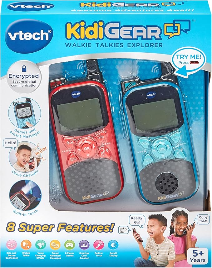 VTech KidiGear Walkie Talkies Explorer, Walkie Talkies externos com conexão digital segura, tocha, efeitos de voz, animações e jogos, brinquedo para crianças de 5, 6, 7 anos ou mais, versão em inglês