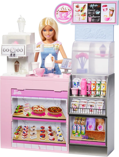 Barbie Conjunto de cafeteria com boneca barista loira e mais de 12 acessórios, incluindo cafeteira e smoothie, comida, xícaras e muito mais, HXN94