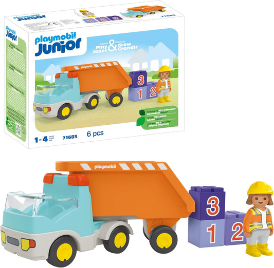 PLAYMOBIL 71685 JUNIOR: Caminhão basculante, incluindo trabalhador da construção civil e três pedras empilháveis, brinquedo sustentável feito de plástico à base de plantas, brinquedo para presentear