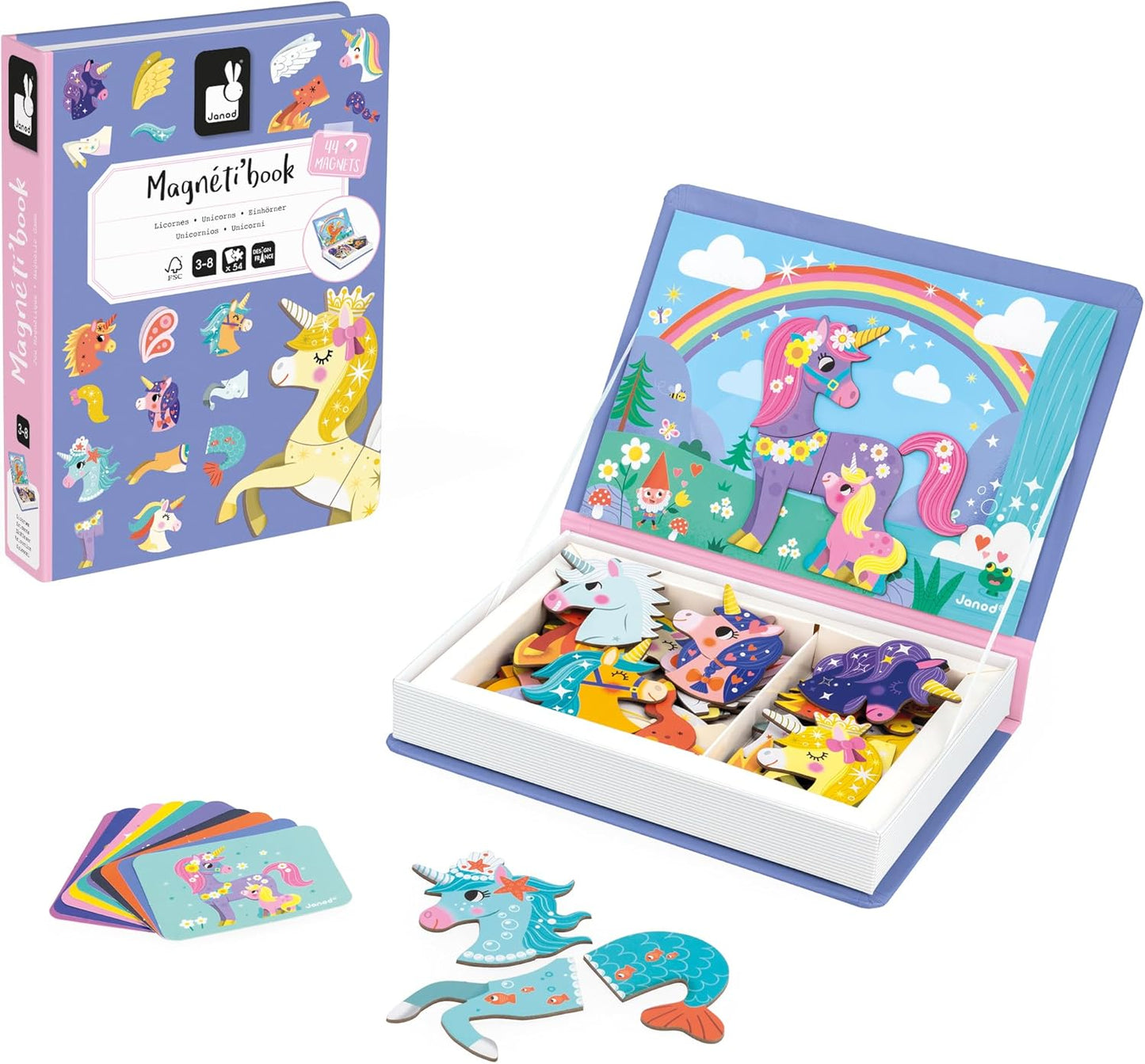 Janod - Magnéti'Book Unicorns - Juego educativo de 44 imanes con 10 cartas modelo - Juguete infantil de cartón FSC - Desarrolla la destreza y la imaginación - A partir de 3 años