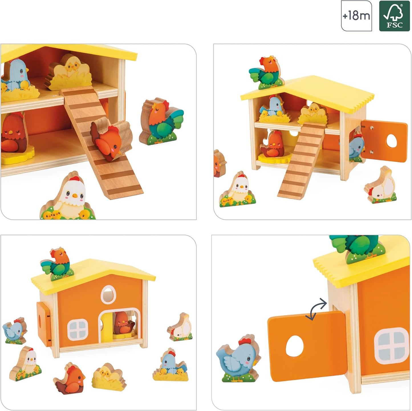 Janod First Children’s Pretend Play Toy-1 Galinheiro + 9 Galinhas + 1 Escada-Jogo de Madeira FSC-Desenvolve Destreza e Imaginação-18 Meses +, J03311, Multicolor