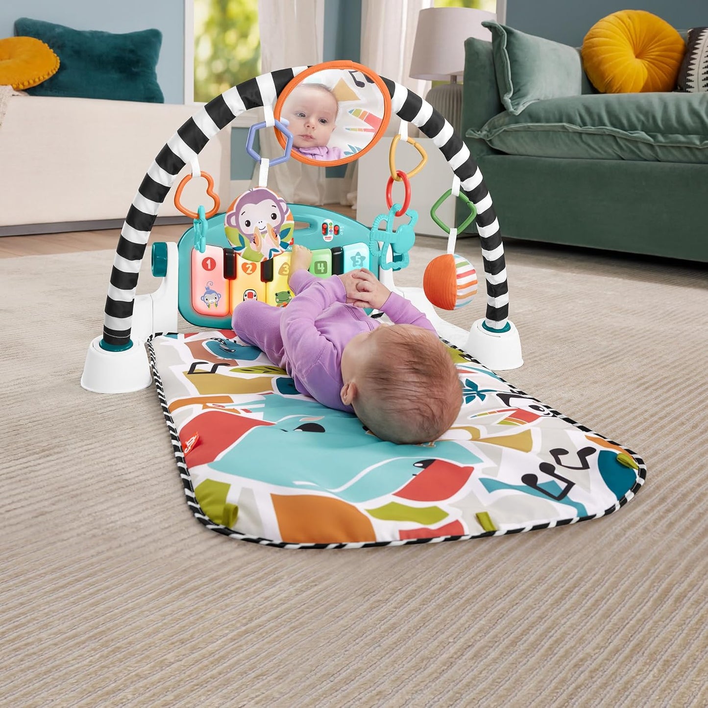 Fisher-Price Baby Activity Mat Glow and Grow Kick &amp; Play Piano Gym, Juguete musical portátil con aprendizaje de etapas inteligentes, Edad 0+ meses, Azul, Versión Queens en inglés,