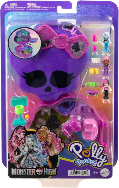 Polly Pocket Monster High Playset com 3 micro bonecas e 10 acessórios, aberto para o ensino médio, brinquedo de viagem colecionável com armazenamento, HVV58