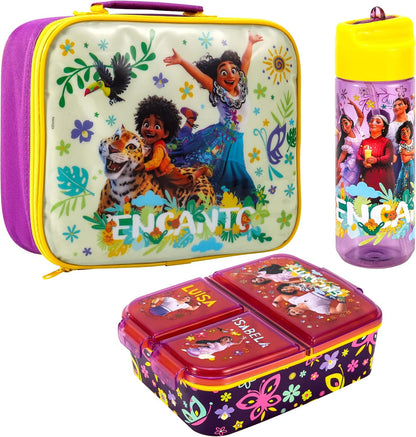 Zawadi Global Conjunto de lancheira infantil Encanto Kids - lancheira isolada, lancheira com vários compartimentos e garrafa de água de 540 ml - conjunto de comida para almoço de viagem escolar,