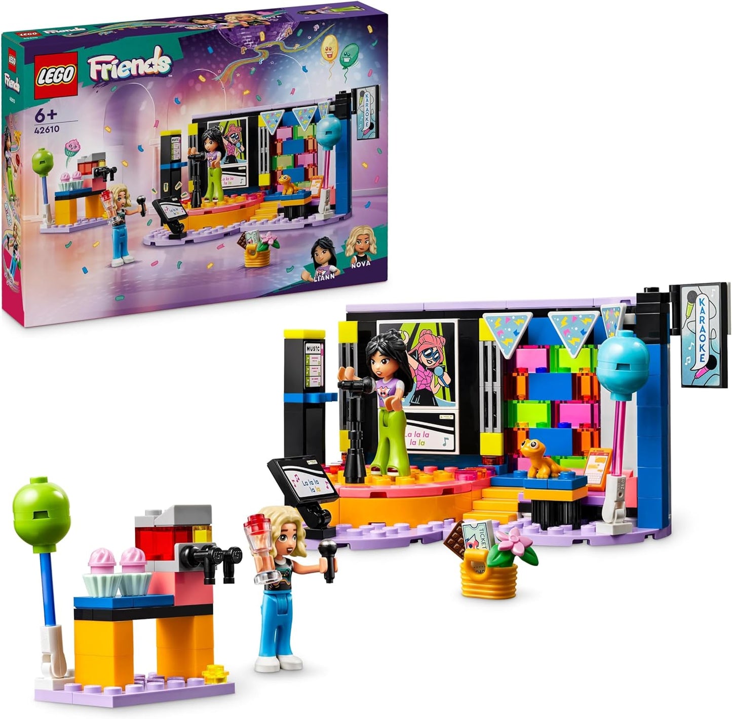 LEGO Conjunto de festa musical de karaokê Friends, brinquedo musical para meninas, meninos e crianças de 6 anos ou mais que amam cantar, finja brincar com personagens de miniboneca Nova e Liann, além de microfones, ideia de presente 42610