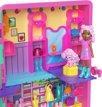 Polly Pocket Playset e 2 bonecas (3 polegadas), máquina de venda automática estilo doce, 2 andares, mais de 35 peças de móveis, roupas e acessórios, HKW12