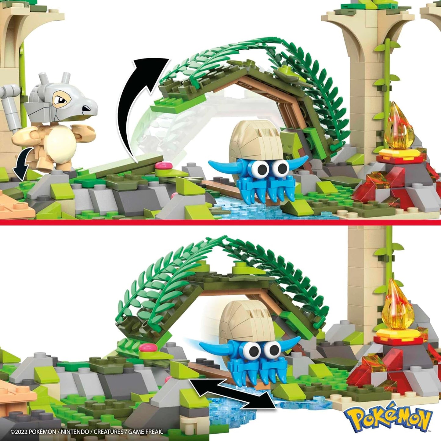 MEGA Conjunto de construção Pokémon Jungle Ruins, figuras de Cubone, Charmander e Omanyte, 464 tijolos e peças compatíveis que se conectam com outros mundos, conjunto de brinquedos para presentes para meninos e meninas