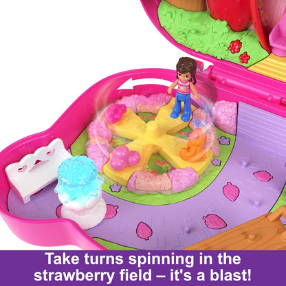 Polly Pocket Dolls & Playset, Straw-Beary Patch compacto com 2 micro bonecas e 12 acessórios, brinquedo de viagem com exterior Fidget