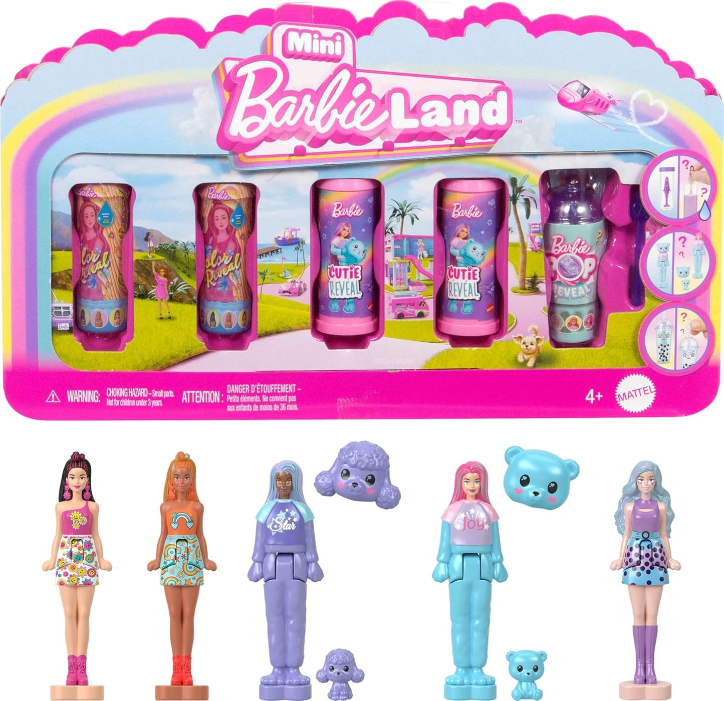 Polly Pocket  Barbie Mini Barbie Land Pacote com 5 Bonecas Pop Reveal, Mini Boneca de 1,5 polegada com Revelação Surpresa e Peça de Brinquedo Sensorial (Os Estilos Podem Variar), JGL29