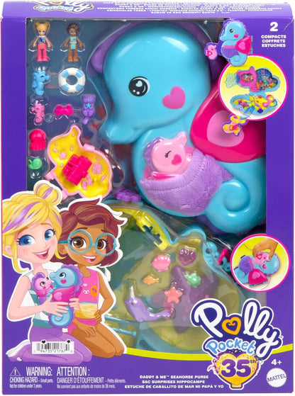 Polly Pocket Dolls e Playset com animais de estimação e 13 acessórios, bolsa 2 em 1 Daddy & Me Seahorse e brinquedo de animal, estrelado por Shani