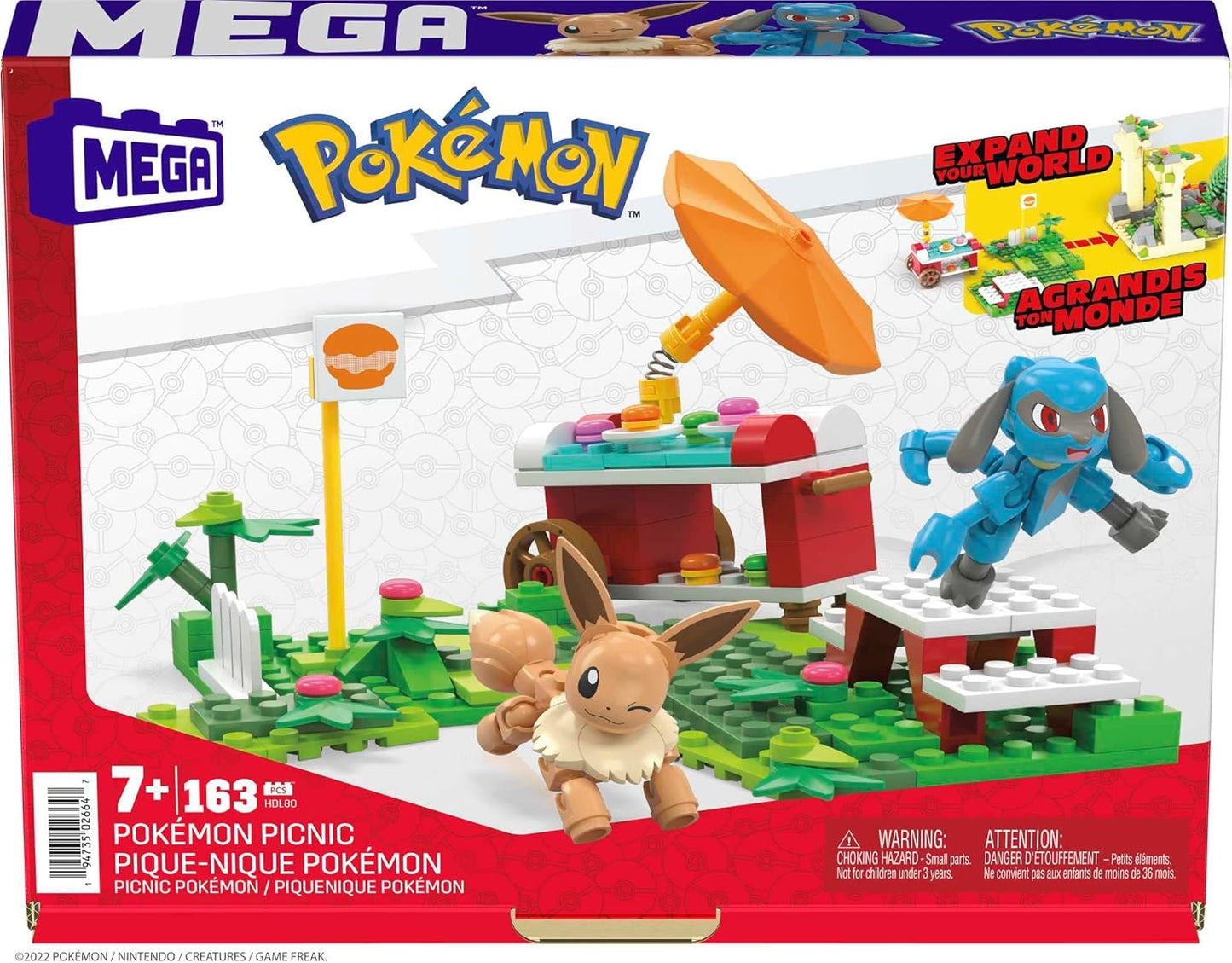 MEGA Conjunto de construção de brinquedo Pokémon Adventure Builder Picnic, figuras de Eevee e Riolu, 193 tijolos e peças, conjunto de presente para meninos e meninas, a partir de 7 anos, HDL80