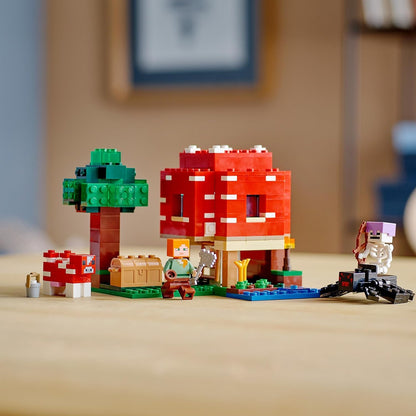 LEGO Conjunto Minecraft The Mushroom House, brinquedo de construção para crianças a partir de 8 anos, ideia de presente com figuras de Alex, Mooshroom e Spider Jockey