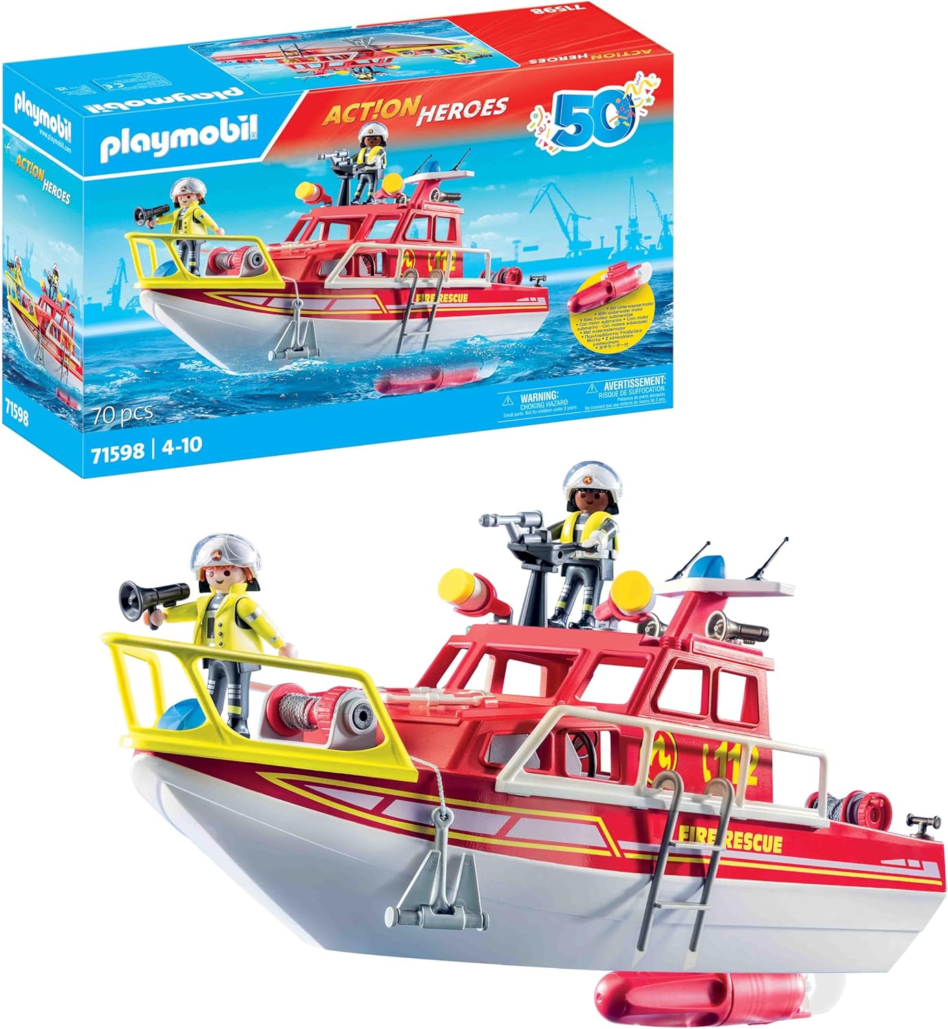 Playmobil 71598 Action Heroes: barco de resgate de incêndio, missão de resgate na água, barco flutuante com teto e acessórios removíveis, conjuntos de jogos cheios de ação adequados para crianças a partir de 4 anos