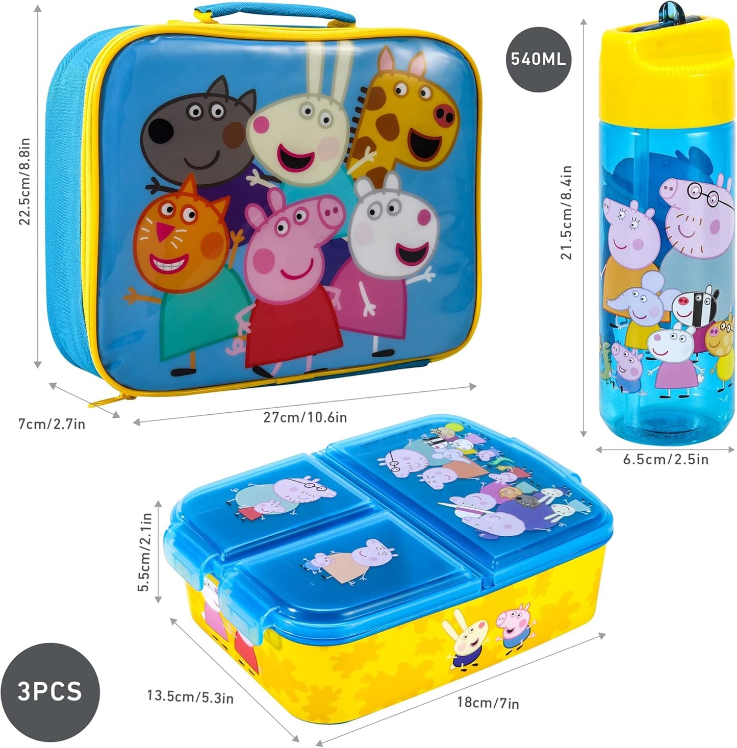 Zawadi Global Conjunto de lancheira infantil Peppa Pig Kids - lancheira isolada, lancheira com vários compartimentos e garrafa de água de 540 ml - conjunto de comida para almoço de viagem escolar,