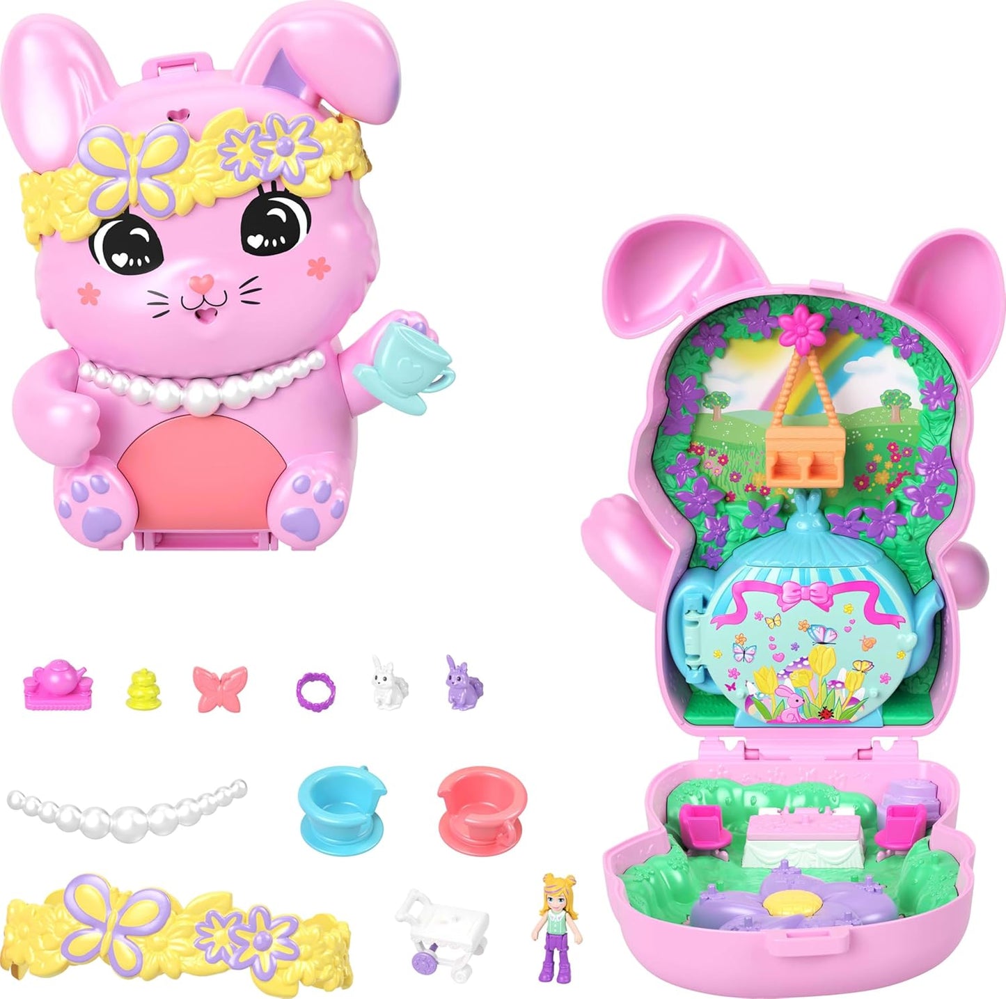 Polly Pocket Dolls e Playset, Tea Party Bunny Compact, brinquedo de viagem com 1 micro boneca, coelhinhos de estimação, acessórios de estilo de comida e moda, JCR40