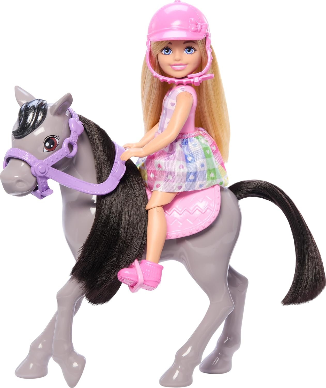 Barbie Conjunto de boneca Chelsea e cavalo, inclui acessório de capacete e sela, a boneca se dobra nos joelhos para "montar" no pônei cinza, HTK29