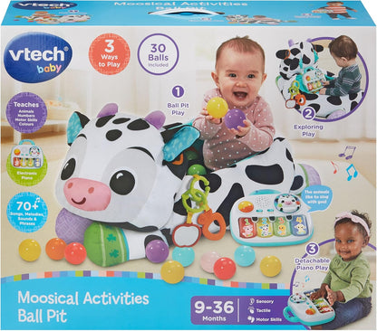 VTech Piscina de bolinhas com atividades musicais para bebês, 30 bolinhas coloridas, piano removível com 3 modos, vaca sensorial com texturas, sons e música, brinquedo interativo para bebês de 9, 18, 24 meses +